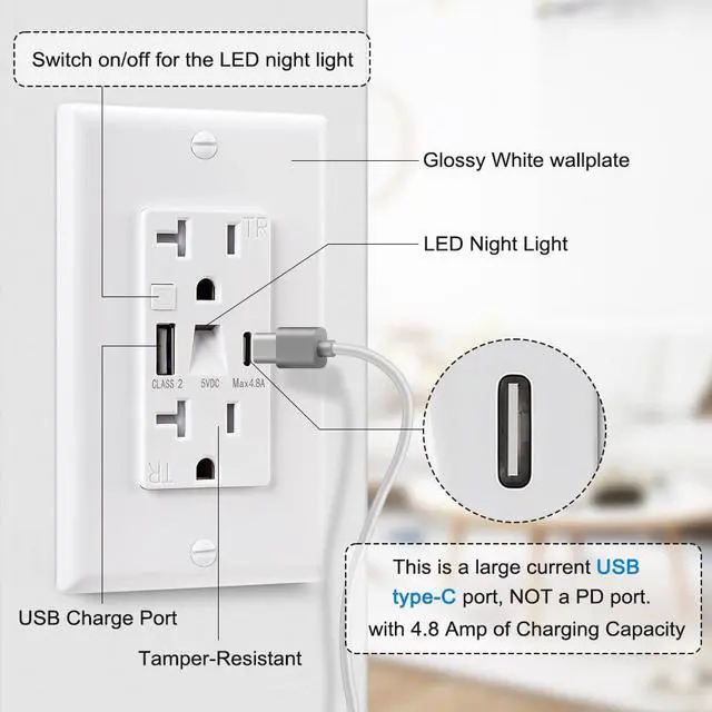 Alt view image 2 of 7 - USB Outlet with Night Light (Manual), 20A 125V Electrical USB C Outlet, 5V 4.8A Tamper-Resistant USB Wall Outlets with Type A & Type C Ports, Wallplate Included, ETL Listed, White (1 Pack)