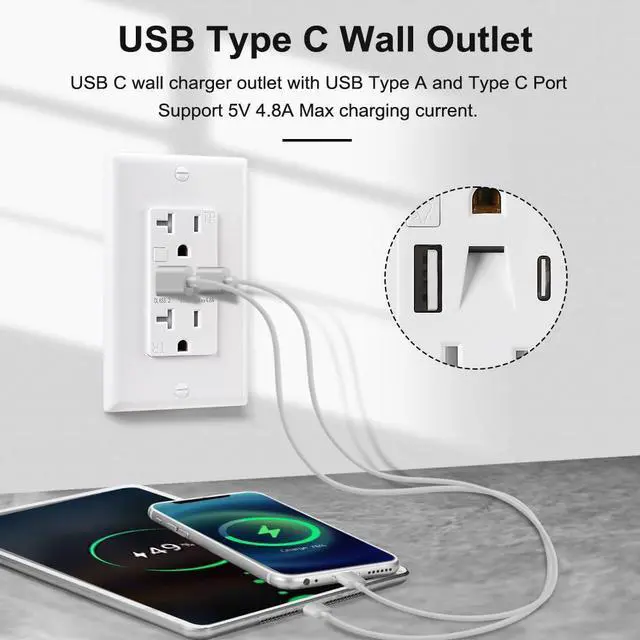 Alt view image 3 of 7 - USB Outlet with Night Light (Manual), 20A 125V Electrical USB C Outlet, 5V 4.8A Tamper-Resistant USB Wall Outlets with Type A & Type C Ports, Wallplate Included, ETL Listed, White (1 Pack)