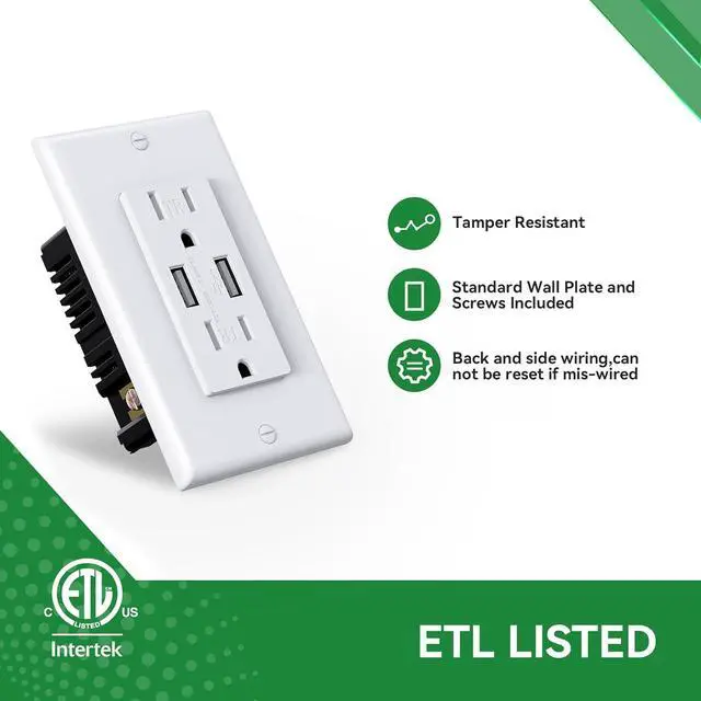 Alt view image 4 of 7 - 2 Pack 15A RV USB Wall Outlets with 4.2A Dual Type-A USB Ports, Duplex Tamper Resistant Replacement Receptacles, USB Wall Charging Outlets, Wall Plates and Screws Included, ETL Listed