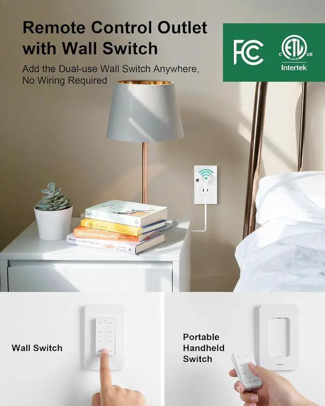 Alt view image 2 of 7 - Remote Control Outlet Wireless Wall Mounted Light Switch, Programmable and Expandable Remote Light Switch Kit, No Wiring Needed, 200 Ft RF Range, 15A/1875W, Compact Design, ETL Listed