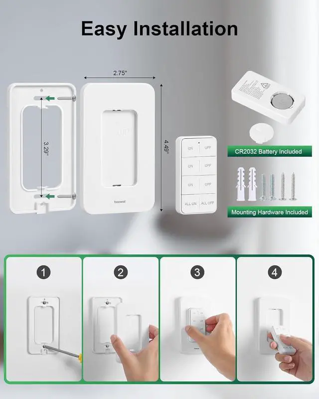 Alt view image 5 of 7 - Remote Control Outlet Wireless Wall Mounted Light Switch, Programmable and Expandable Remote Light Switch Kit, No Wiring Needed, 200 Ft RF Range, 15A/1875W, Compact Design, ETL Listed