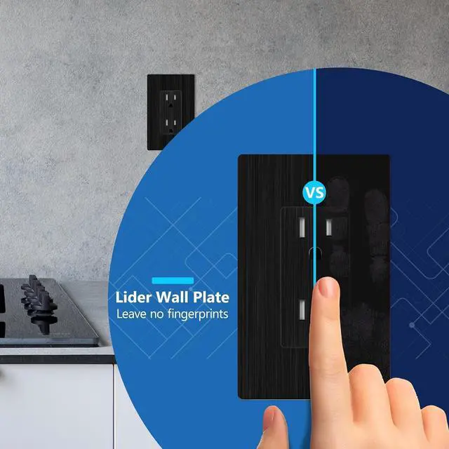 Alt view image 5 of 7 - LIDER Brushed Finish Decorator Receptacle, Child Safe Tamper-Resistant Wall Outlet, Residential Grade, Self-Grounding, 15A 125V, UL Listed, Brushed Black, 5 Pack