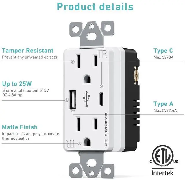 Alt view image 3 of 6 - WEBANG USB C Outlet, 25W 4.8 Amp 2-Ports USB Receptacle, 15A Tamper Resistant Wall Outlet with USB C Ports, Screwless Wall Plate Included, ETL Listed, Matte White, 10 Pack