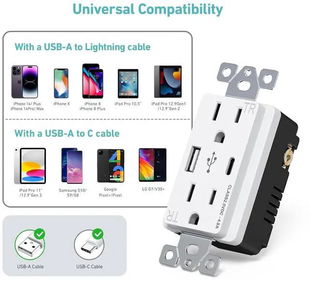 Alt view image 5 of 6 - WEBANG USB C Outlet, 25W 4.8 Amp 2-Ports USB Receptacle, 15A Tamper Resistant Wall Outlet with USB C Ports, Screwless Wall Plate Included, ETL Listed, Matte White, 10 Pack