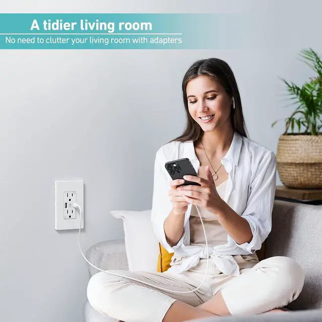 Alt view image 6 of 6 - WEBANG USB C Outlet, 25W 4.8 Amp 2-Ports USB Receptacle, 15A Tamper Resistant Wall Outlet with USB C Ports, Screwless Wall Plate Included, ETL Listed, Matte White, 10 Pack