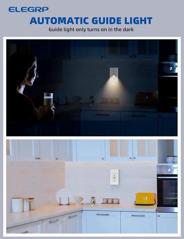 Alt view image 2 of 7 - ELEGRP GFCI Outlet w/Nightlight, 15 Amp Self-Test GFI Electrical Outlet, Thinner Design, Tamper Resistant GFCI Receptacle, Ground Fault Receptacle w/Wall Plate, UL Listed, Matte White, 2 Pack