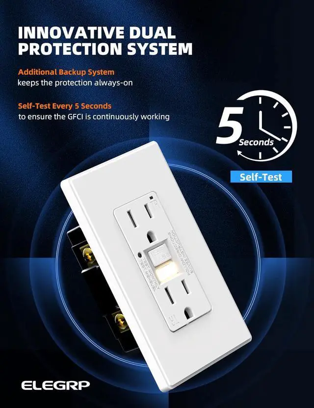 Alt view image 3 of 7 - ELEGRP GFCI Outlet w/Nightlight, 15 Amp Self-Test GFI Electrical Outlet, Thinner Design, Tamper Resistant GFCI Receptacle, Ground Fault Receptacle w/Wall Plate, UL Listed, Matte White, 2 Pack