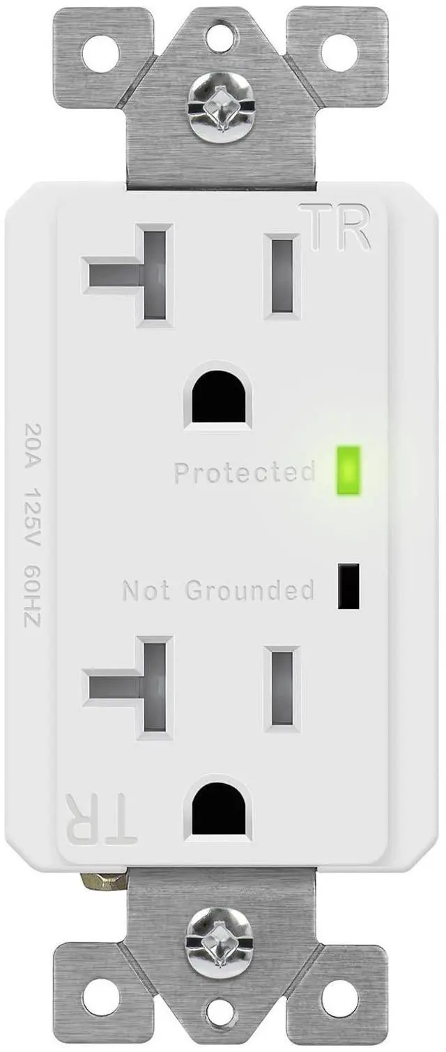 Main image of TOPGREENER Decorator Receptacle Outlet w/Surge Protector and Grounding Indicator, Child Safe, Tamper-Resistant, Self-Grounding, 1500 Joules, 2-Pole, 20A 125V, UL Listed, TGTRSS220R, White