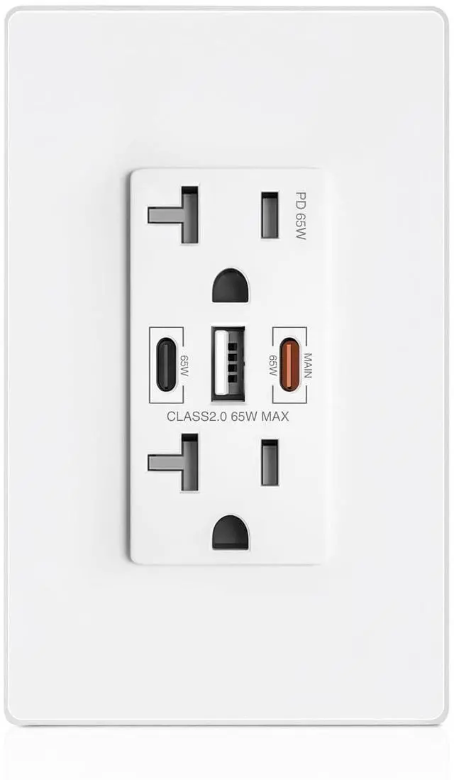 Main image of USB Wall Outlet, 65W GaN USB Outlet Receptacles with 3 USB Ports,20 Amp Tamper-Resistant Electrical Outlet with 1 Type A&2 Type C,Screwless Wall Plate Included,UL Listed