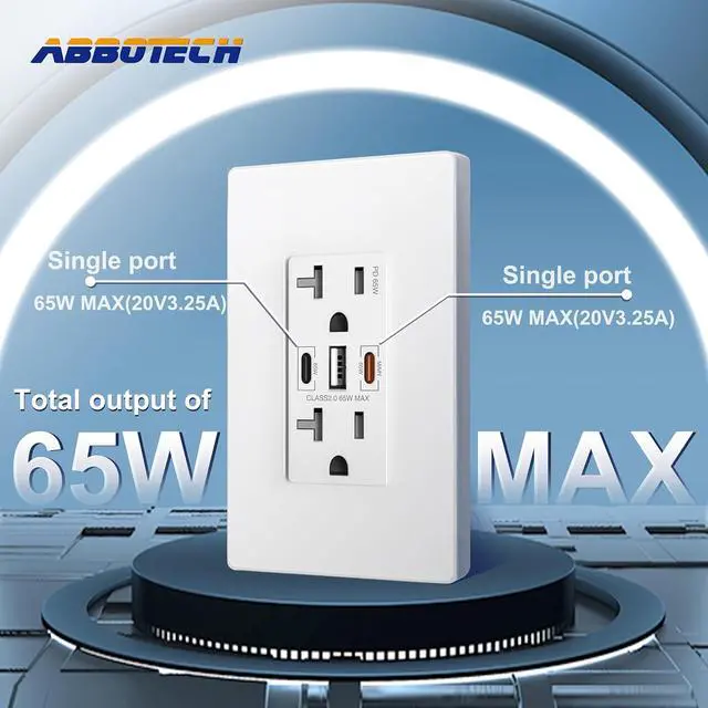 Alt view image 3 of 7 - USB Wall Outlet, 65W GaN USB Outlet Receptacles with 3 USB Ports,20 Amp Tamper-Resistant Electrical Outlet with 1 Type A&2 Type C,Screwless Wall Plate Included,UL Listed