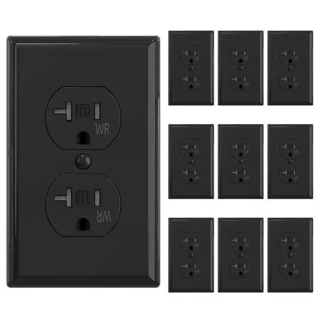 Main image of ELEGRP Duplex Receptacle with Wall Plate, 20A 125V Standard Electrical Wall Outlet, TR Tamper Resistant & WR Weather Resistant, 2 Pole 3 Wire, Self-Grounding, UL Listed, Glossy Black, 10 Pack