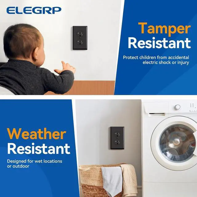 Alt view image 2 of 6 - ELEGRP Duplex Receptacle with Wall Plate, 20A 125V Standard Electrical Wall Outlet, TR Tamper Resistant & WR Weather Resistant, 2 Pole 3 Wire, Self-Grounding, UL Listed, Glossy Black, 10 Pack