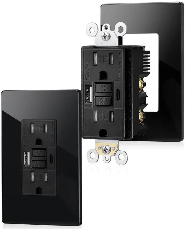 Main image of SURAIELEC 15 Amp GFCI Outlet with USB Ports, Self-Test GFCI Combination with USB-C & USB-A, Tamper-Resistant GFCI Electrical Outlet, GFCI USB Outlet with Screwless Wall Plate, ETL Listed, Black,2-Pack