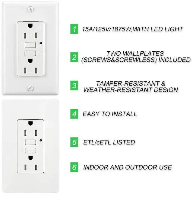 Alt view image 3 of 6 - LEOD 15Amp TR&WR GFCI Outlet, 125 Volt Tamper Resistant & Weather Resistant Receptacle with Blue LED Indicator, 20 Pcs Wall Plate and Screws Included, White, ETL Listed (10 Pack)