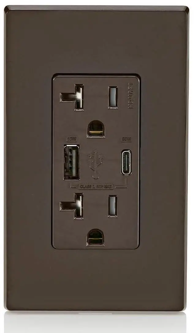 Main image of Leviton 60W (20V@2.5A+ 5V@2A) USB Dual Type A/Type-C Power Delivery in-Wall Charger with 20A Tamper-Resistant Outlet, USB Charger for Smartphones, Tablets, Laptops, T5834-B, Brown