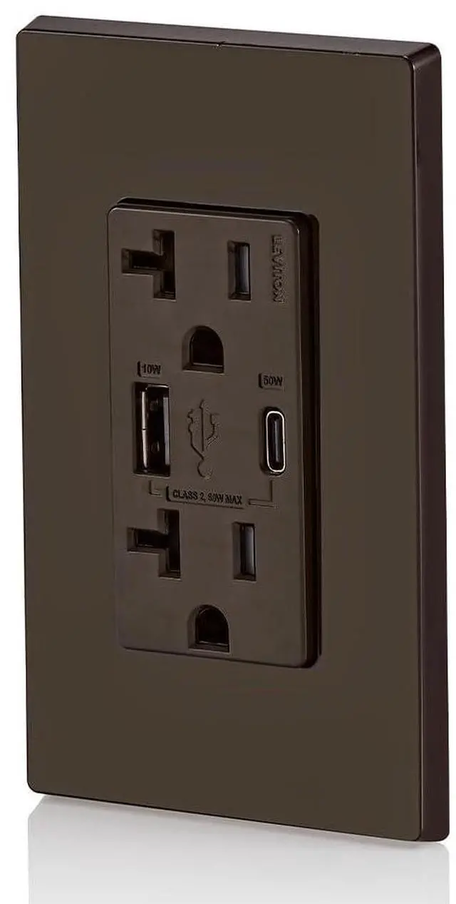 Alt view image 2 of 4 - Leviton 60W (20V@2.5A+ 5V@2A) USB Dual Type A/Type-C Power Delivery in-Wall Charger with 20A Tamper-Resistant Outlet, USB Charger for Smartphones, Tablets, Laptops, T5834-B, Brown