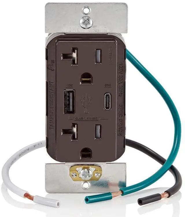 Alt view image 3 of 4 - Leviton 60W (20V@2.5A+ 5V@2A) USB Dual Type A/Type-C Power Delivery in-Wall Charger with 20A Tamper-Resistant Outlet, USB Charger for Smartphones, Tablets, Laptops, T5834-B, Brown