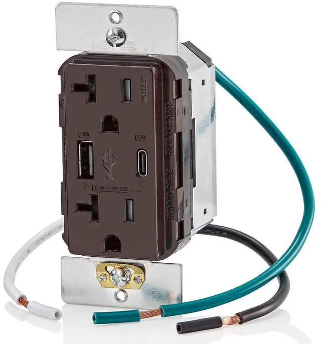 Alt view image 4 of 4 - Leviton 60W (20V@2.5A+ 5V@2A) USB Dual Type A/Type-C Power Delivery in-Wall Charger with 20A Tamper-Resistant Outlet, USB Charger for Smartphones, Tablets, Laptops, T5834-B, Brown