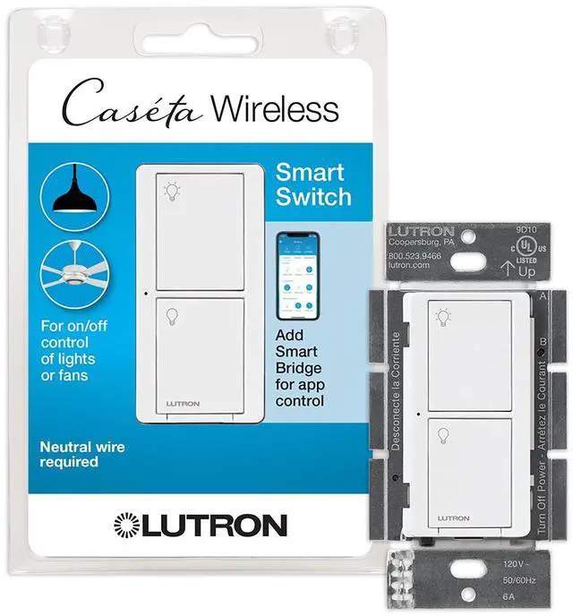 Main image of Lutron Caseta Original Smart Switch (Lutron Smart Hub Required), for LED Lights and Fans, 6 Amp, Single-Pole/3-Way, Neutral Required, PD-6ANS-WH, White
