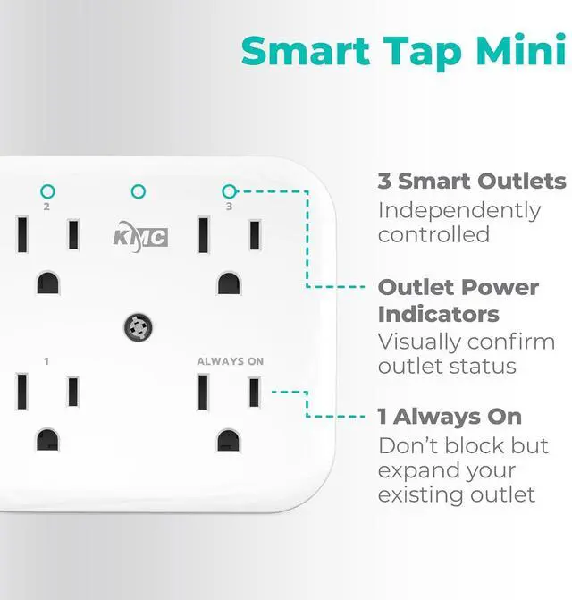 Alt view image 2 of 7 - KMC Smart Tap Mini 2-Pack, 4-Outlet Wall Mounted Plug Adapter, 3 Independently Controlled Wi-Fi Outlets, Compatible with Alexa & Google Assistant, No Hub Required