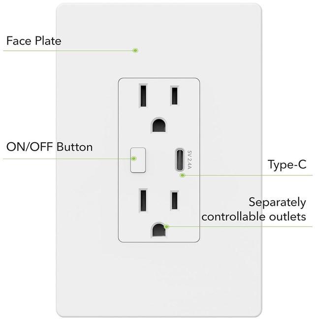 Alt view image 2 of 7 - BN-LINK Smart Electrical Outlet with 2 Controlled Plugs and Type-C Charging, in-Wall Smart Wi-Fi Outlet with Voice and APP Remote Control, Compatible with Alexa and Google Assistant, 2.4GHz Wi-Fi Only