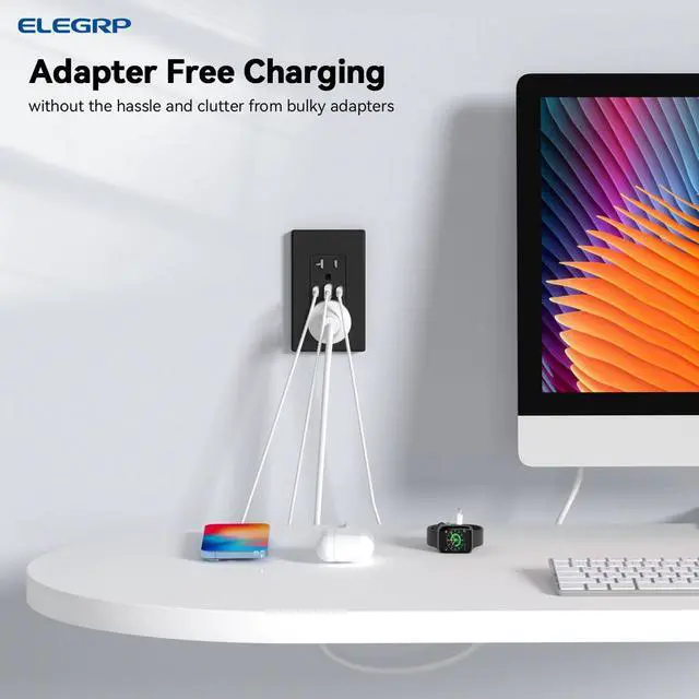 Alt view image 6 of 7 - ELEGRP USB Outlets, 30W 6.0 Amp USB C Outlets Receptacles, 3-Port USB Wall Outlet, 20 Amp Tamper-Resistant Outlet with 2 USB C Ports, UL Listed, Screwless Wall Plate Included, 6 Pack, Matte Black