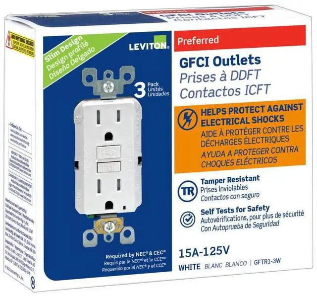 Main image of Leviton Smartest Self-Test SmartlockPro Slim GFCI Tamper-Resistant Receptacle with LED Indicator (3 Pack), GFTR1-3W, White