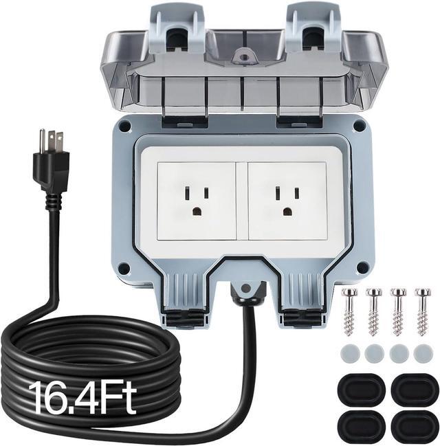 Main image of Outdoor Power Outlet Box with 16.4Ft Extension Cord, NEMA 5-15R, STW 14 AWG, Weatherproof Waterproof IP66 Electrical Outlet Extender, Exterior Wall Power Socket w/Cover for Garden