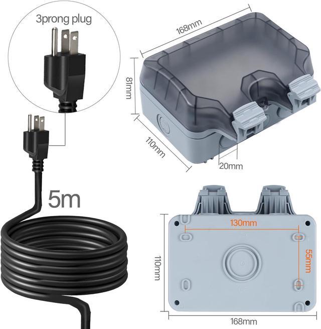 Alt view image 2 of 7 - Outdoor Power Outlet Box with 16.4Ft Extension Cord, NEMA 5-15R, STW 14 AWG, Weatherproof Waterproof IP66 Electrical Outlet Extender, Exterior Wall Power Socket w/Cover for Garden