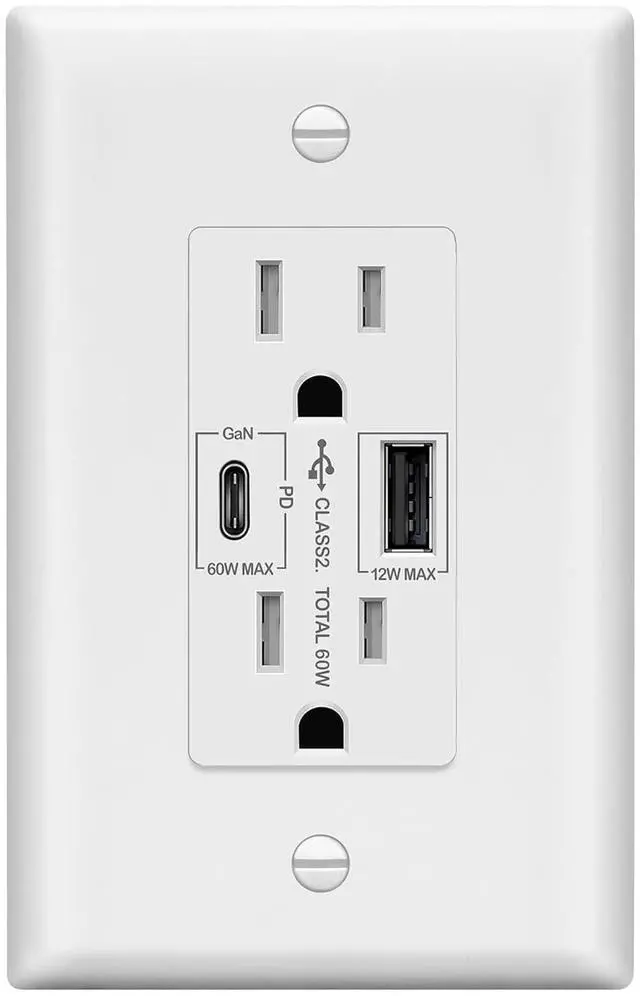 Main image of LIDER USB-C Constant PD 65W Wall Outlet, Duplex Tamper-Resistant Receptacle with USB Type-C & Type-A, Power Delivery, GaN Technology, Interchangeable Face Cover, Wall Plate Included, White