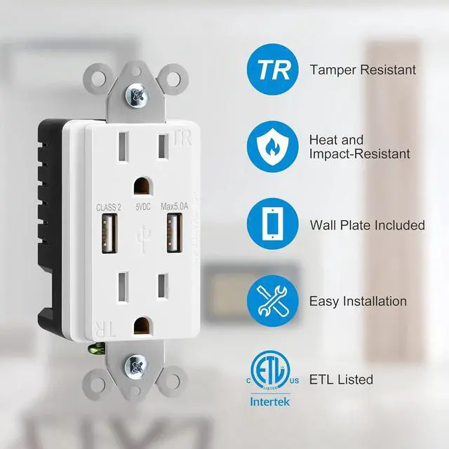 Alt view image 2 of 7 - DEWENWILS 2-Pack USB Outlet, 5.0A Dual High Speed USB Ports, 15Amp Tamper-Resistant Receptacles USB Wall Outlets, Wall Plate Included, ETL Listed