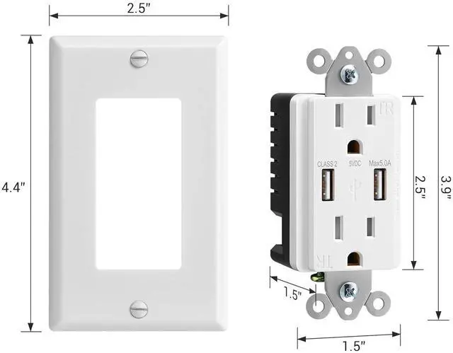 Alt view image 7 of 7 - DEWENWILS 2-Pack USB Outlet, 5.0A Dual High Speed USB Ports, 15Amp Tamper-Resistant Receptacles USB Wall Outlets, Wall Plate Included, ETL Listed