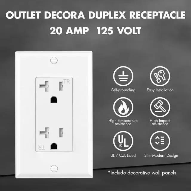 Alt view image 2 of 7 - Standard Decorator Electrical Receptacle Outlet with Wall Plate Cover, Tamper Resistant(TR), Self-Grounding, UL Listed (10 Pack, White, 20A)