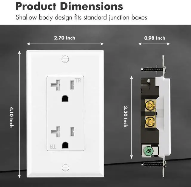 Alt view image 3 of 7 - Standard Decorator Electrical Receptacle Outlet with Wall Plate Cover, Tamper Resistant(TR), Self-Grounding, UL Listed (10 Pack, White, 20A)