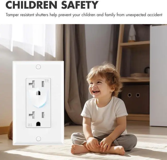 Alt view image 5 of 7 - Standard Decorator Electrical Receptacle Outlet with Wall Plate Cover, Tamper Resistant(TR), Self-Grounding, UL Listed (10 Pack, White, 20A)