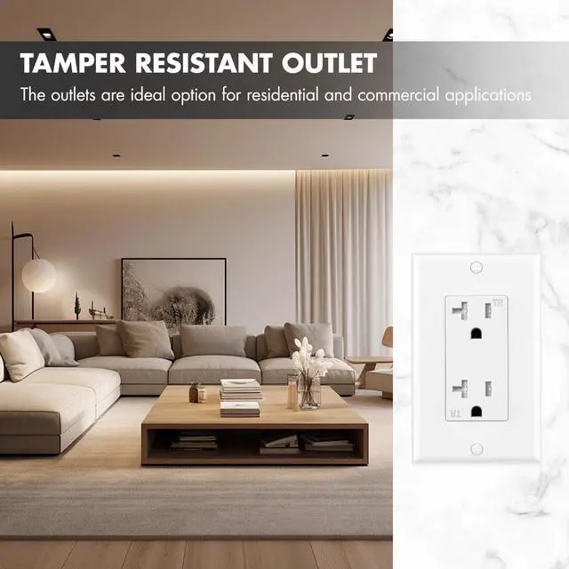 Alt view image 6 of 7 - Standard Decorator Electrical Receptacle Outlet with Wall Plate Cover, Tamper Resistant(TR), Self-Grounding, UL Listed (10 Pack, White, 20A)