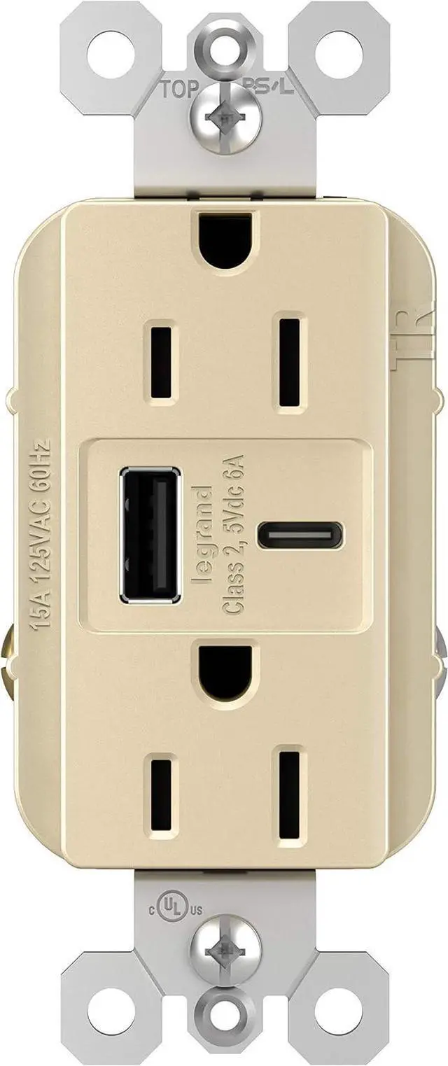 Main image of Legrand radiant R26USBAC6I 15 Amp Tamper-Resistant Decorator Duplex Receptacle Outlet with Ultra Fast USB A/C 6.0A Charging Ports, Ivory (1 Count)