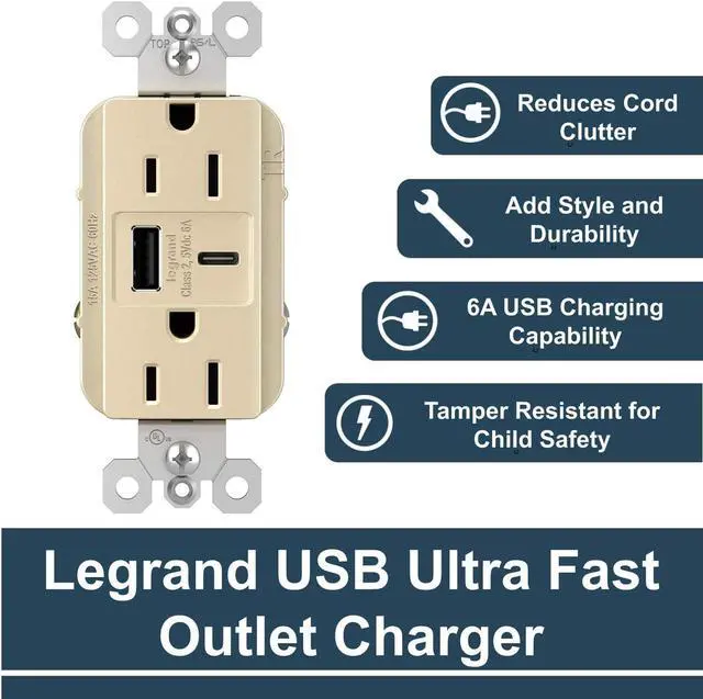 Alt view image 2 of 7 - Legrand radiant R26USBAC6I 15 Amp Tamper-Resistant Decorator Duplex Receptacle Outlet with Ultra Fast USB A/C 6.0A Charging Ports, Ivory (1 Count)