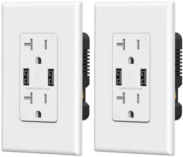 Main image of ELEGRP USB Wall Outlet Receptacle With Dual 4.0 A Ports, 20 Amp Duplex Tamper Resistant, Charging Power Outlet, Wall Plate Included, UL Listed (2 Pack, Glossy White)
