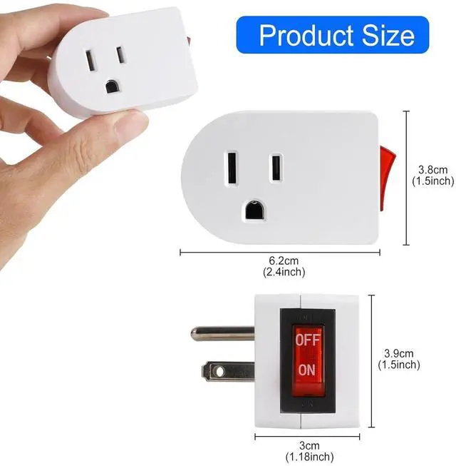 Alt view image 4 of 7 - VSEER Grounded Outlet with ON/Off Switch (6 Pack), Single Power Adapter Outlet Switch 15A 1875W/3 Prong Plug in White, ETL Listed