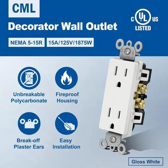 Alt view image 2 of 7 - CML 15 Amp Decorator Wall Receptacle Outlet, 100 Pack Standard Electrical Outlets, 15A/125V, 2 Pole 3 Wire, Non-Tamper-Resistant, Residential and Commercial Use, UL Listed