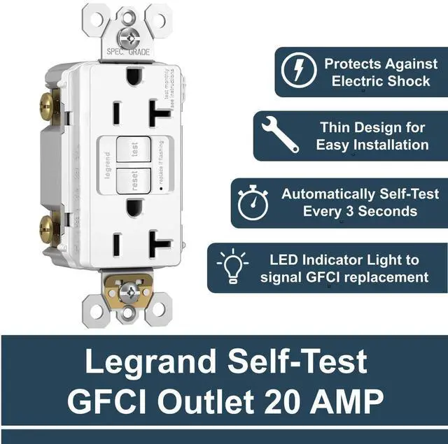 Alt view image 2 of 7 - Legrand radiant 2097TRWCCD12 20 Amp GFCI Self Test Tamper Resistant Decorator Duplex Outlet, White (1 Count)