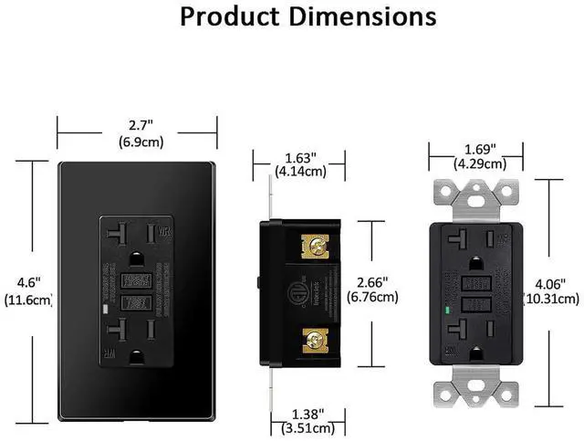 Alt view image 6 of 7 - GFCI Outlet 20 Amp,NineLeaf 1PK 20a GFCI Receptacle Black,20Amp GFCI Outlet Receptacles,Weather Resistant(WR) with LED Indicator, Decorative Wall Plates and Screws Included, ETL Certified