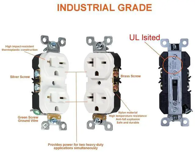Alt view image 2 of 6 - Nema 6-20 Duplex Receptacle, 20 Amp 240 Volt Outlet, Industrial Grade, 2-Pole, 3-Wire, 6-15R Outlet 6-20R Receptacle, White, 6 Pack