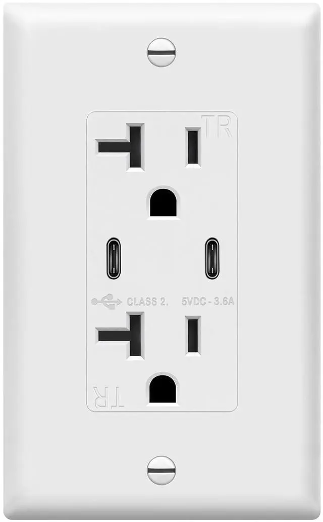 Main image of TOPGREENER 2-Port USB C Wall Outlet, 20 Amp Tamper-Resistant Receptacle, Charging Power Outlet with USB Ports, UL Listed, TU22036A2C-2PCS, White, 2 Pack