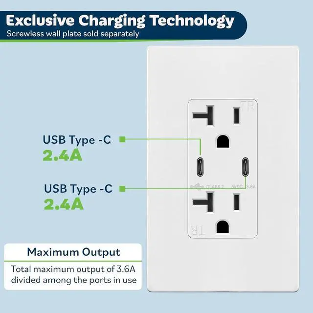 Alt view image 3 of 7 - TOPGREENER 2-Port USB C Wall Outlet, 20 Amp Tamper-Resistant Receptacle, Charging Power Outlet with USB Ports, UL Listed, TU22036A2C-2PCS, White, 2 Pack