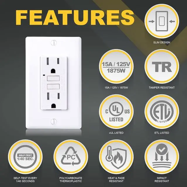 Alt view image 3 of 7 - Faith 15 Amp GFCI Outlet, ETL Listed, Tamper-Resistant GFI Electrical Outlet, Self-Test Ground Fault Circuit Interrupter with Wall Plate, White