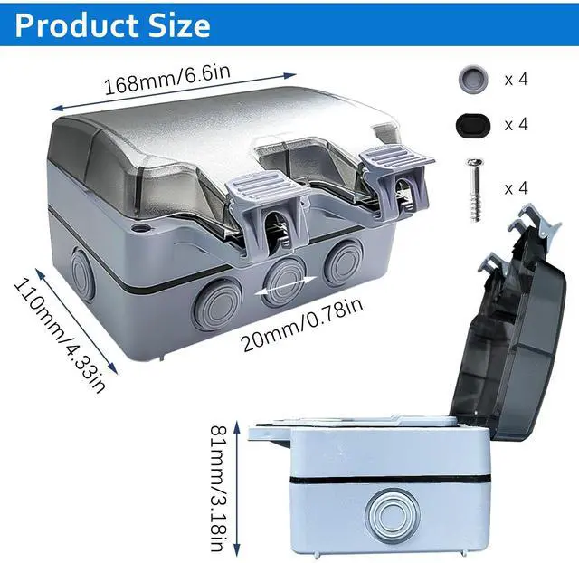 Alt view image 2 of 7 - 2-Gang Outdoor Electrical Outlet, 15A 110-250V Weatherproof Outdoor Socket, IP66 Waterproof Outdoor Power Outlet, Outdoor Outlet Box for Garden Workshop (1)