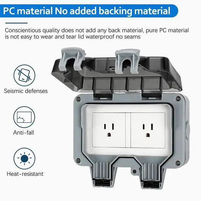 Alt view image 3 of 7 - 2-Gang Outdoor Electrical Outlet, 15A 110-250V Weatherproof Outdoor Socket, IP66 Waterproof Outdoor Power Outlet, Outdoor Outlet Box for Garden Workshop (1)