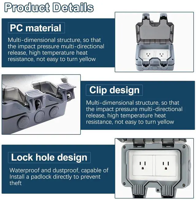 Alt view image 4 of 7 - 2-Gang Outdoor Electrical Outlet, 15A 110-250V Weatherproof Outdoor Socket, IP66 Waterproof Outdoor Power Outlet, Outdoor Outlet Box for Garden Workshop (1)